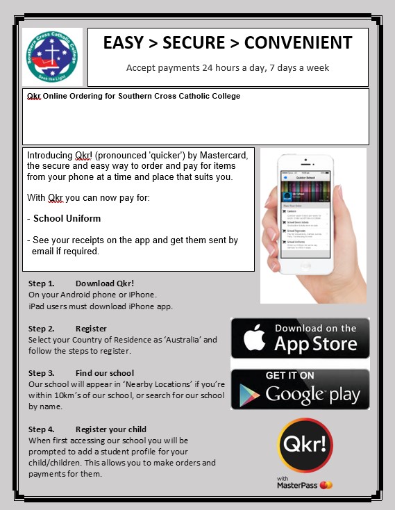 Instructions on how to use Qkr payment system. Download it from the App Store or Google Play